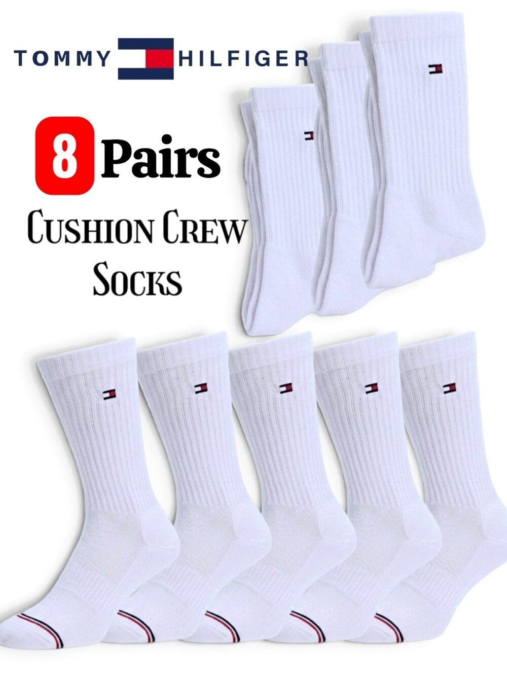 8-Pack Tommy Hilfiger Men's White Cushion/Comfy Crew Socks Sporty-Casual -NWT